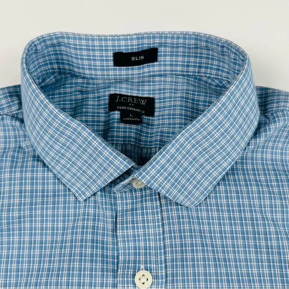 J.Crew Shirt Men's L Slim Fit Blue White Grey Plaid Button Up Long Sleeve Casual
